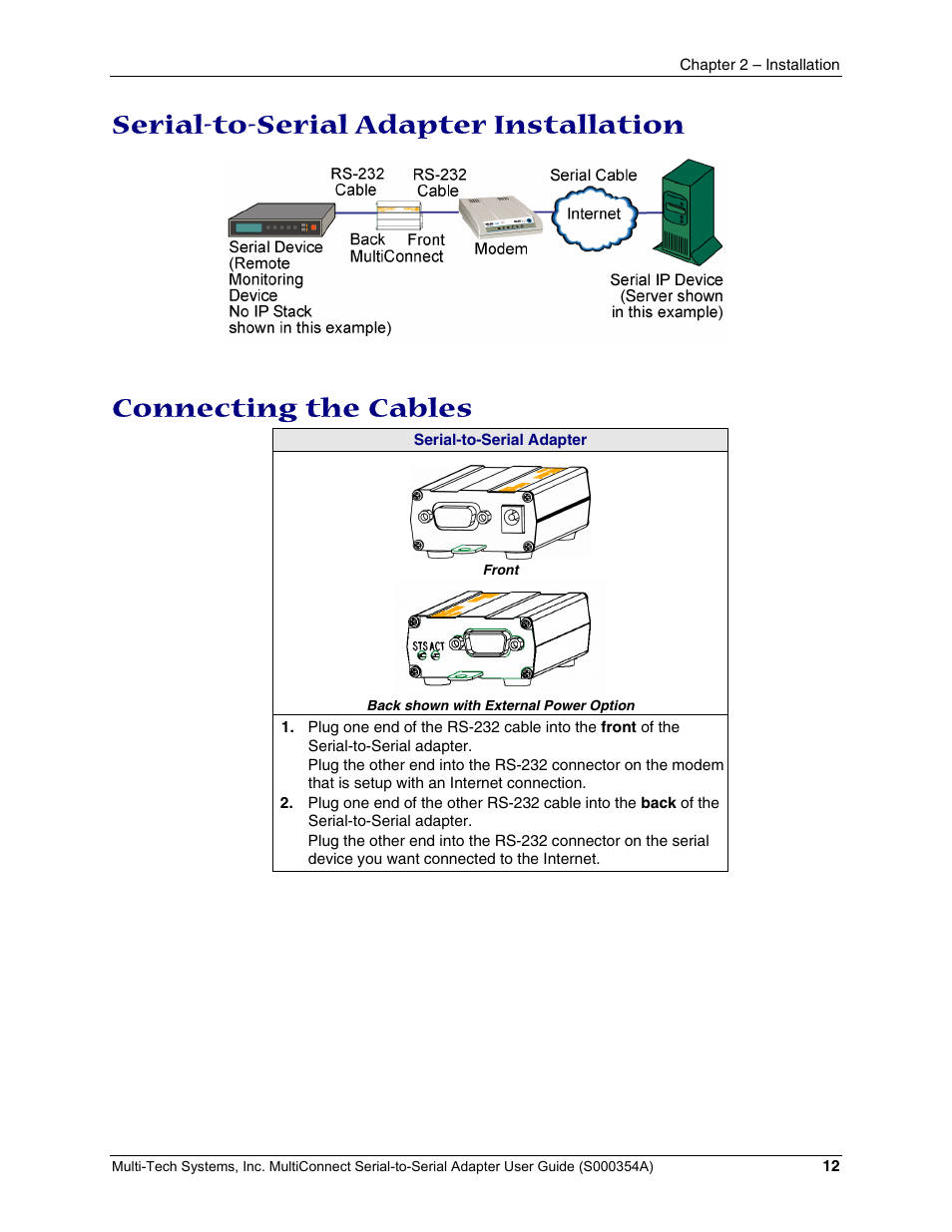 Serial-to-serial adapter installation, Connecting the cables | Multi-Tech Systems MTS2SA-T User Manual | Page 12 / 181