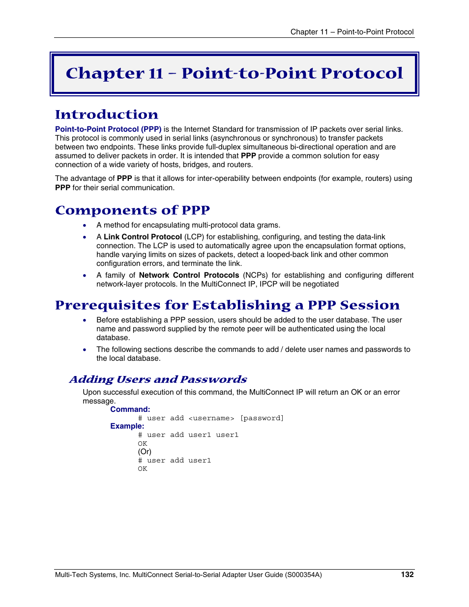 Chapter 11 – point-to-point protocol, Introduction, Components of ppp | Prerequisites for establishing a ppp session, Adding users and passwords | Multi-Tech Systems MTS2SA-T User Manual | Page 132 / 181