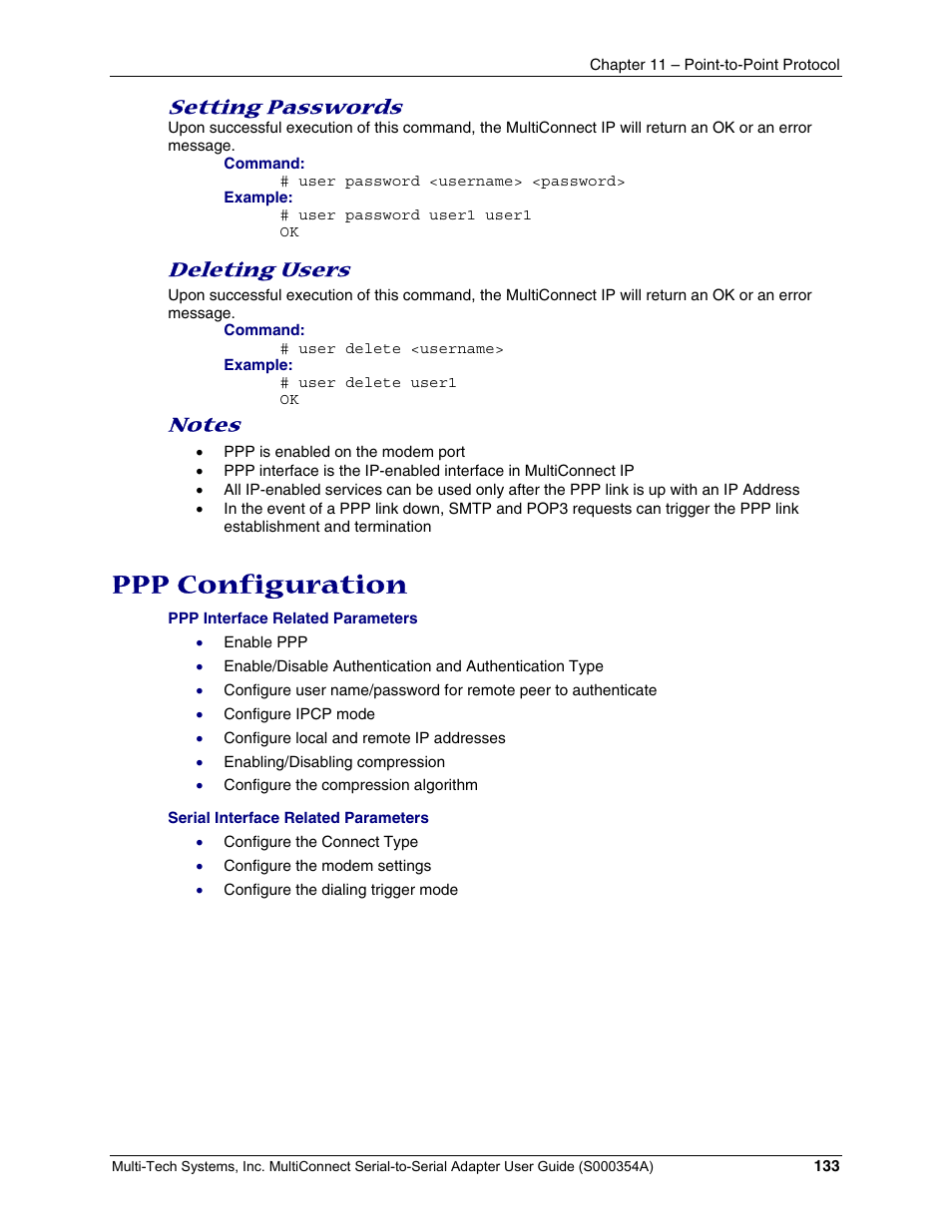 Ppp configuration, Setting passwords, Deleting users | Multi-Tech Systems MTS2SA-T User Manual | Page 133 / 181