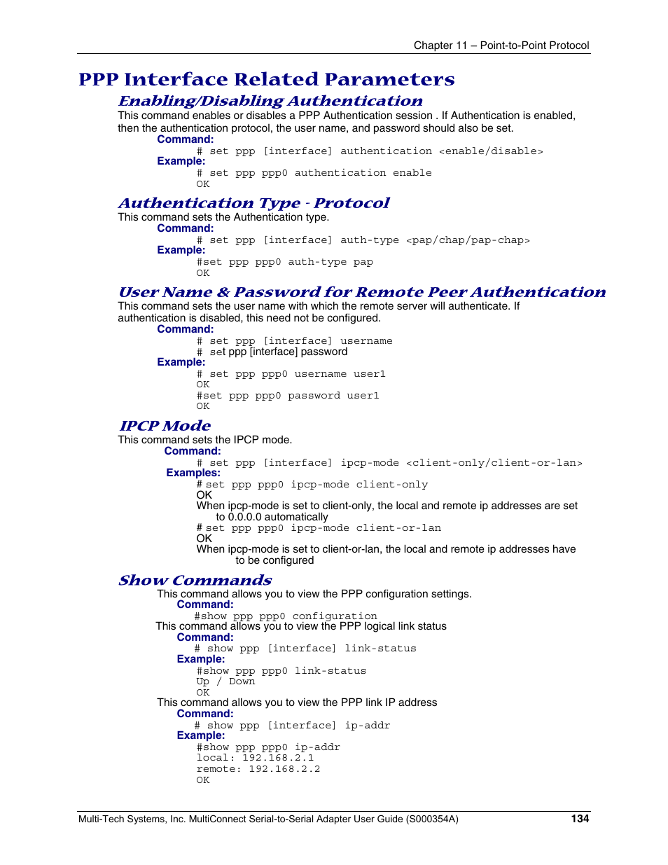 Ppp interface related parameters, Enabling/disabling authentication, Authentication type - protocol | Ipcp mode, Show commands | Multi-Tech Systems MTS2SA-T User Manual | Page 134 / 181