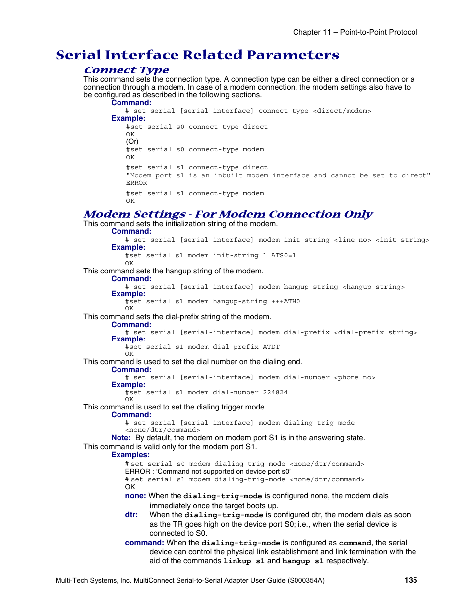 Serial interface related parameters, Connect type, Modem settings - for modem connection only | Multi-Tech Systems MTS2SA-T User Manual | Page 135 / 181