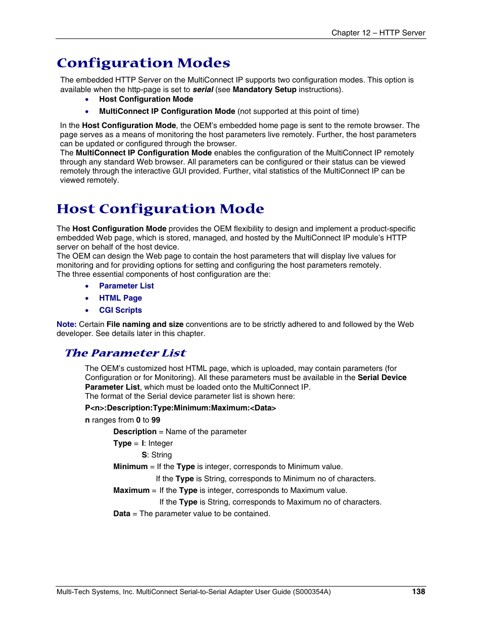 Configuration modes, Host configuration mode, The parameter list | Multi-Tech Systems MTS2SA-T User Manual | Page 138 / 181