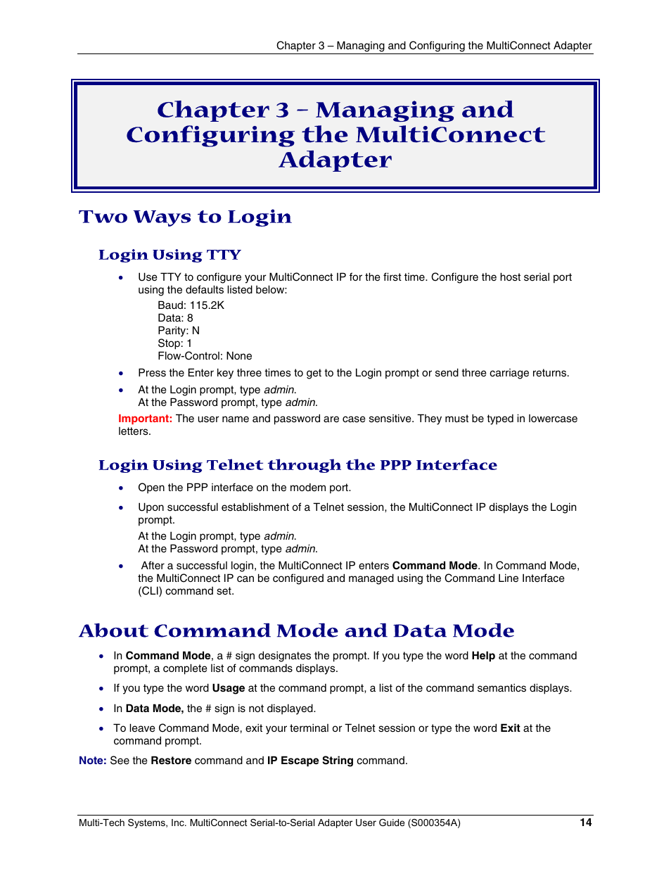 Two ways to login, About command mode and data mode, Login using tty | Login using telnet through the ppp interface | Multi-Tech Systems MTS2SA-T User Manual | Page 14 / 181