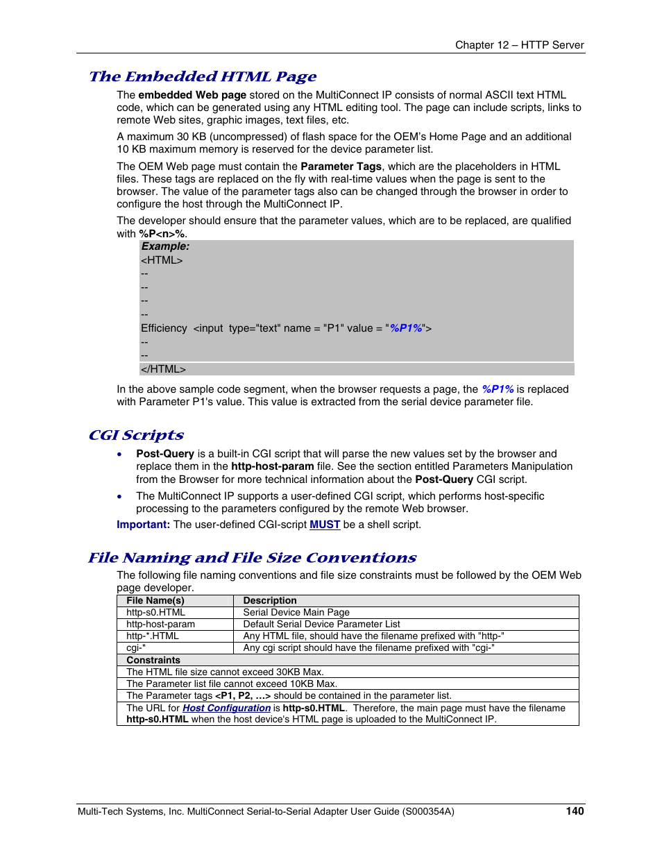 The embedded html page, Cgi scripts, File naming and file size conventions | Multi-Tech Systems MTS2SA-T User Manual | Page 140 / 181