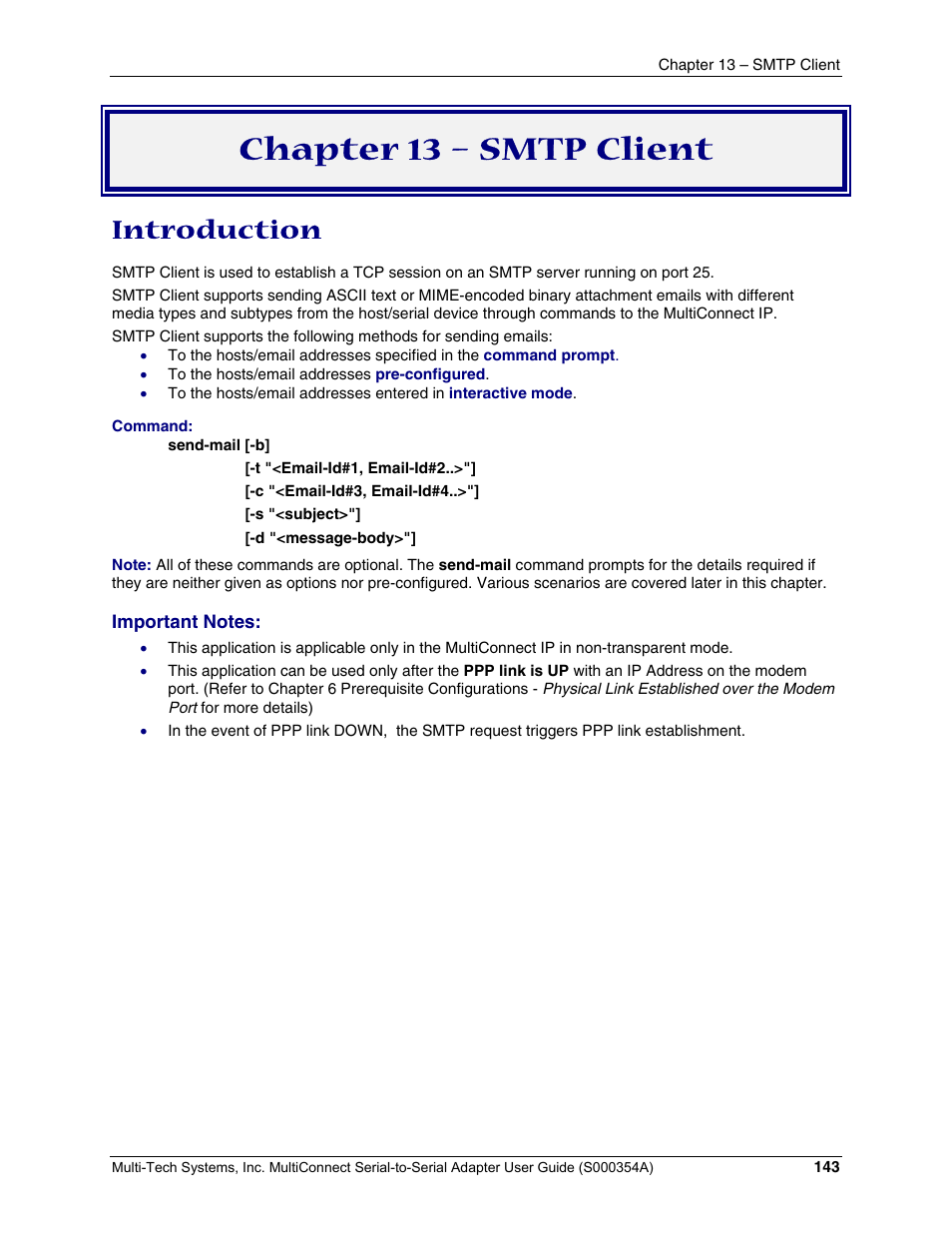 Chapter 13 – smtp client, Introduction | Multi-Tech Systems MTS2SA-T User Manual | Page 143 / 181