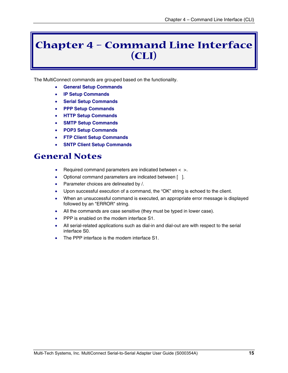 Chapter 4 – command line interface (cli) | Multi-Tech Systems MTS2SA-T User Manual | Page 15 / 181