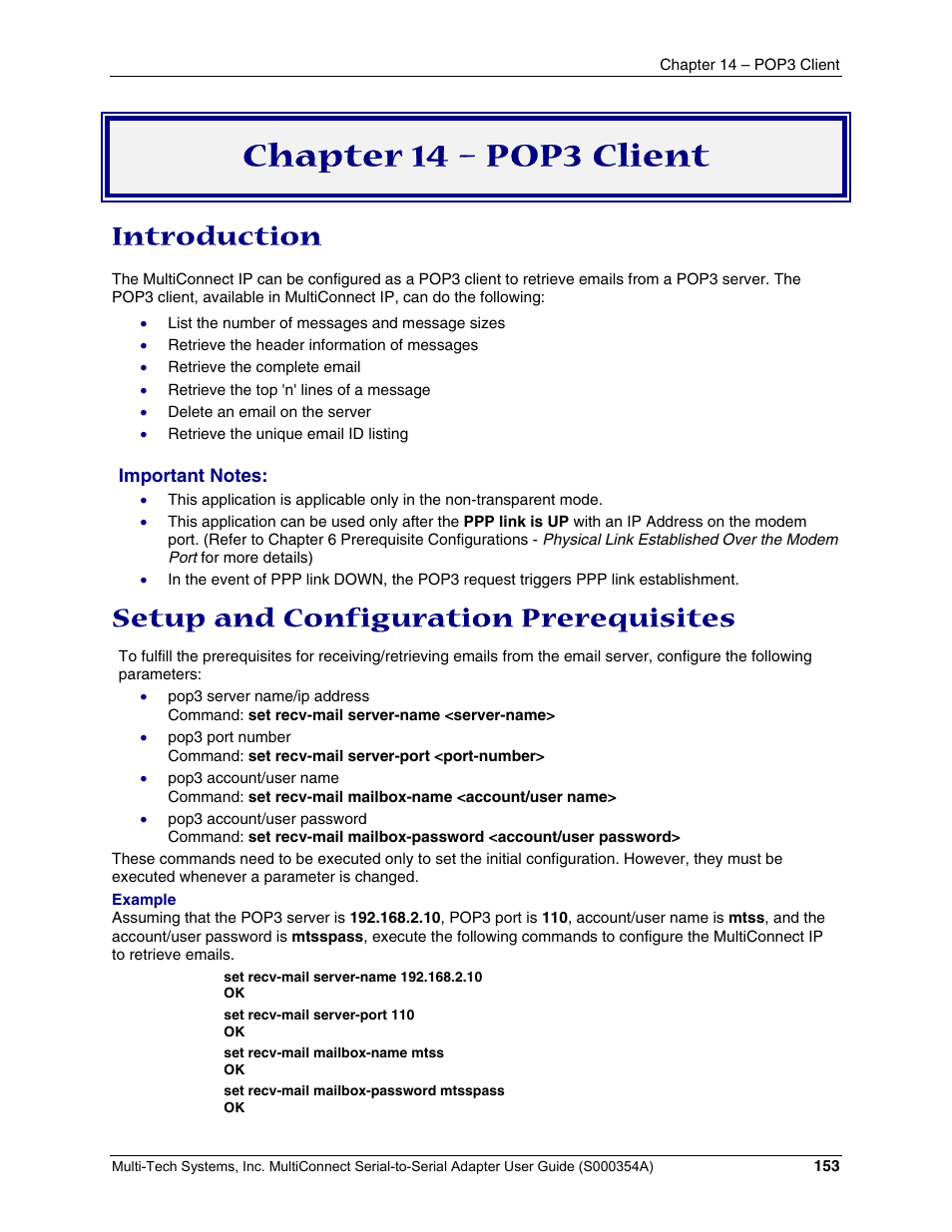 Chapter 14 – pop3 client, Introduction, Setup and configuration prerequisites | Multi-Tech Systems MTS2SA-T User Manual | Page 153 / 181