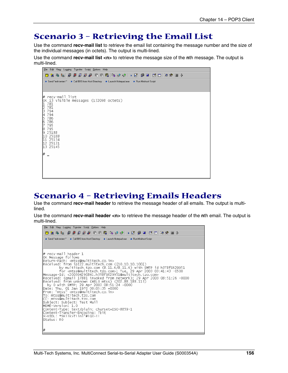 Scenario 3 – retrieving the email list, Scenario 4 – retrieving emails headers | Multi-Tech Systems MTS2SA-T User Manual | Page 156 / 181