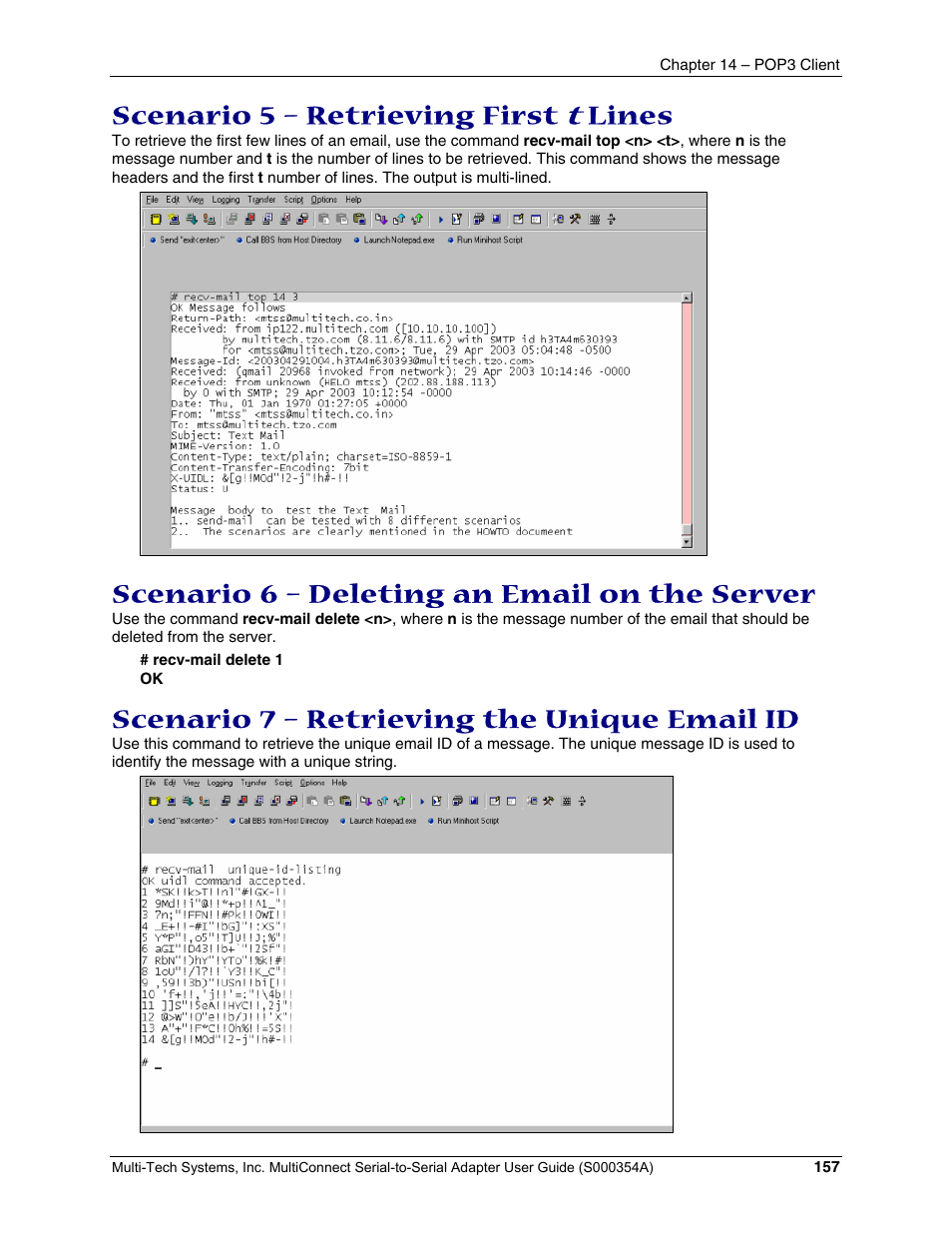 Scenario 5 – retrieving first, Lines, Scenario 6 – deleting an email on the server | Scenario 7 – retrieving the unique email id | Multi-Tech Systems MTS2SA-T User Manual | Page 157 / 181