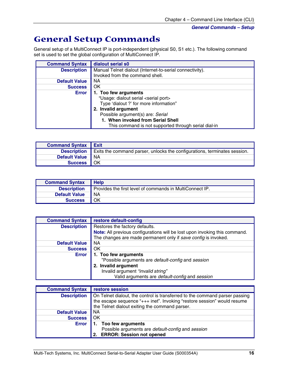 General setup commands | Multi-Tech Systems MTS2SA-T User Manual | Page 16 / 181