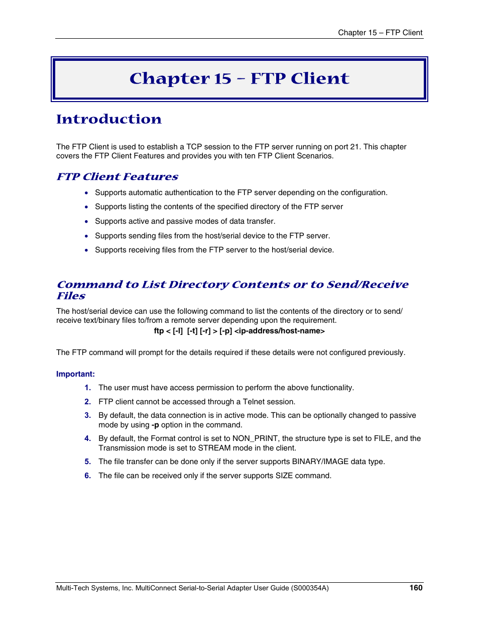 Chapter 15 – ftp client, Introduction, Ftp client features | Multi-Tech Systems MTS2SA-T User Manual | Page 160 / 181