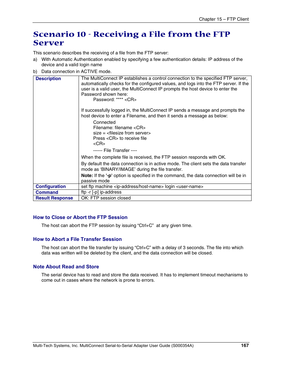 Scenario 10 - receiving a file from the ftp server | Multi-Tech Systems MTS2SA-T User Manual | Page 167 / 181