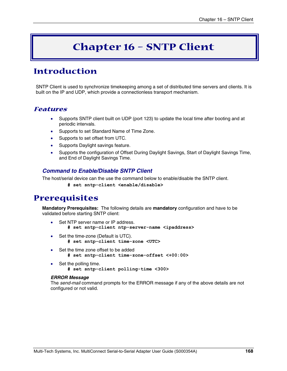 Chapter 16 – sntp client, Introduction, Prerequisites | Features | Multi-Tech Systems MTS2SA-T User Manual | Page 168 / 181