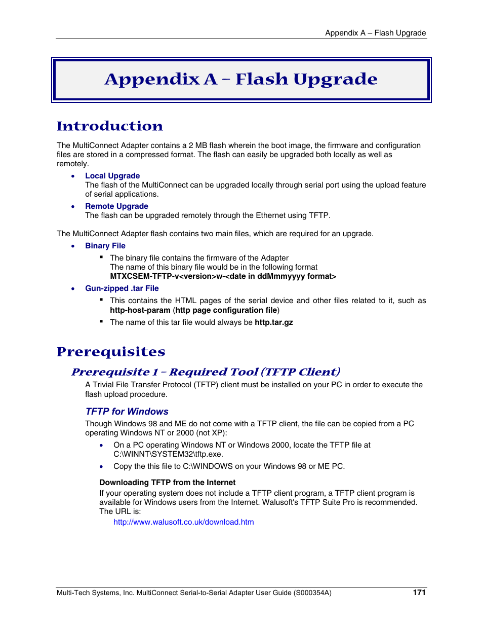 Appendix a – flash upgrade, Introduction, Prerequisites | Prerequisite 1 – required tool (tftp client) | Multi-Tech Systems MTS2SA-T User Manual | Page 171 / 181