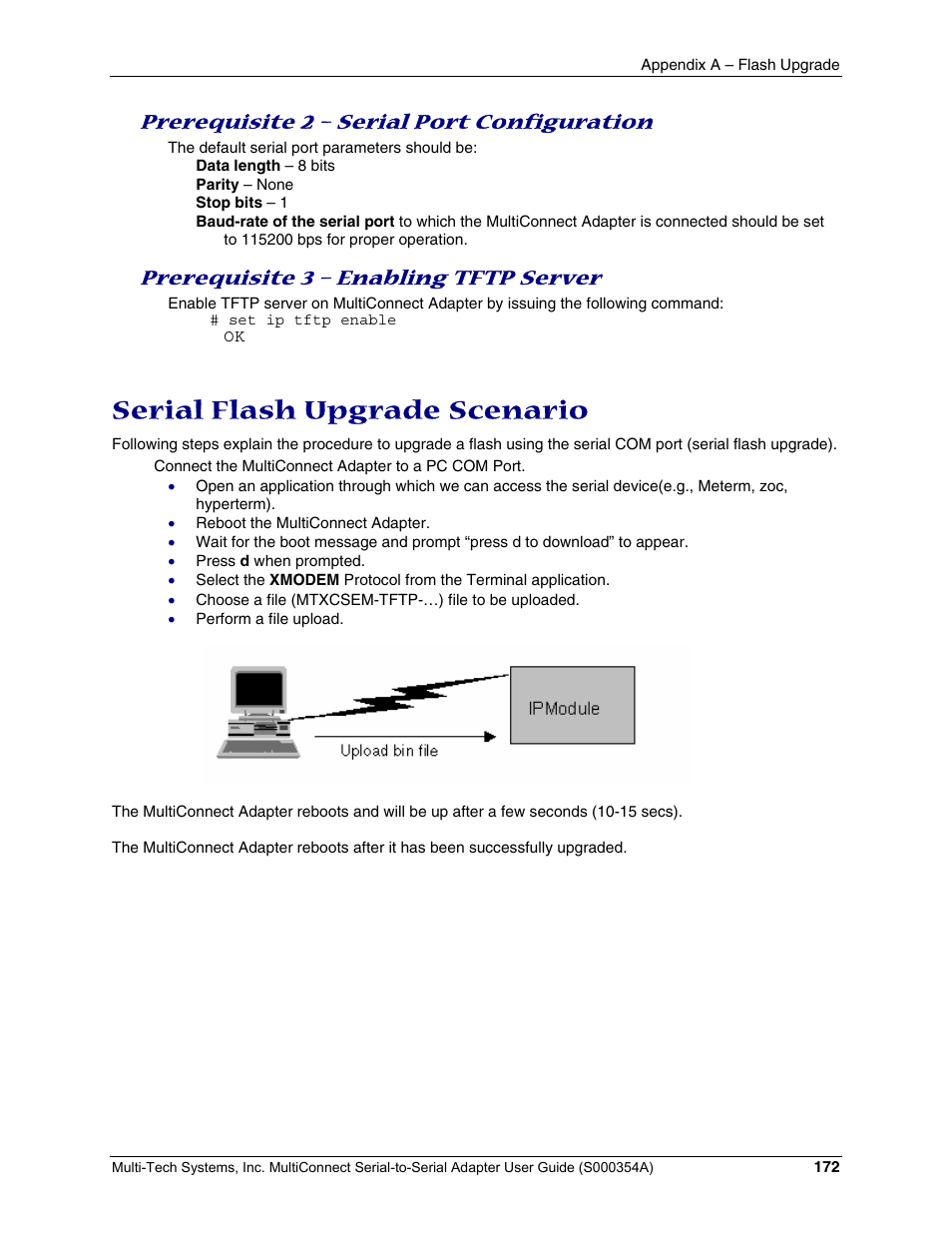 Serial flash upgrade scenario, Prerequisite 2 – serial port configuration, Prerequisite 3 – enabling tftp server | Multi-Tech Systems MTS2SA-T User Manual | Page 172 / 181