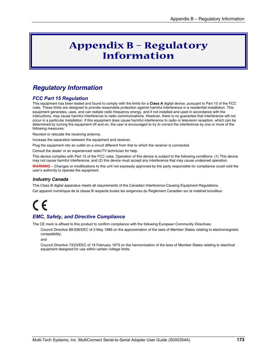 Appendix b – regulatory information, Regulatory information | Multi-Tech Systems MTS2SA-T User Manual | Page 173 / 181