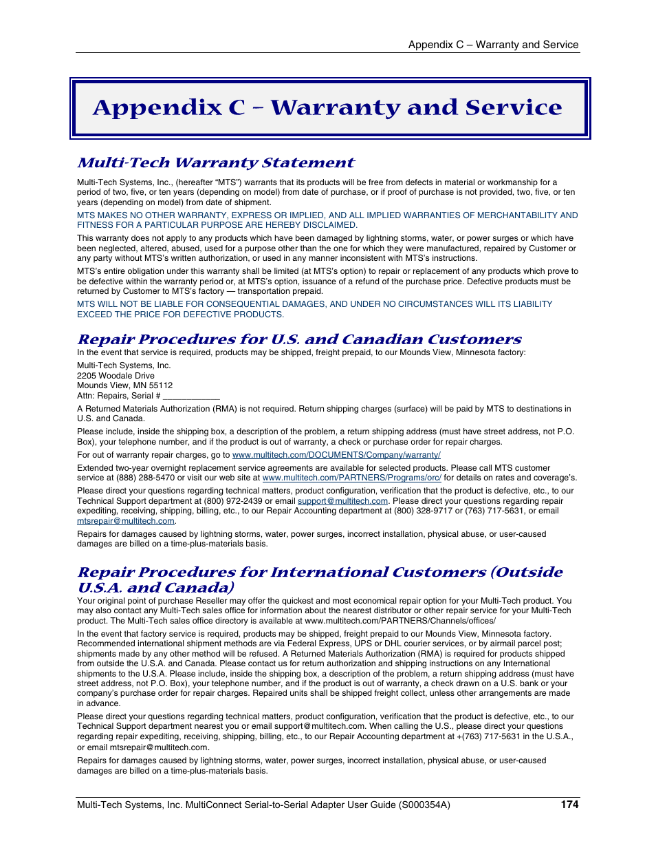 Appendix c – warranty and service, Multi-tech warranty statement, Repair procedures for u.s. and canadian customers | Multi-Tech Systems MTS2SA-T User Manual | Page 174 / 181