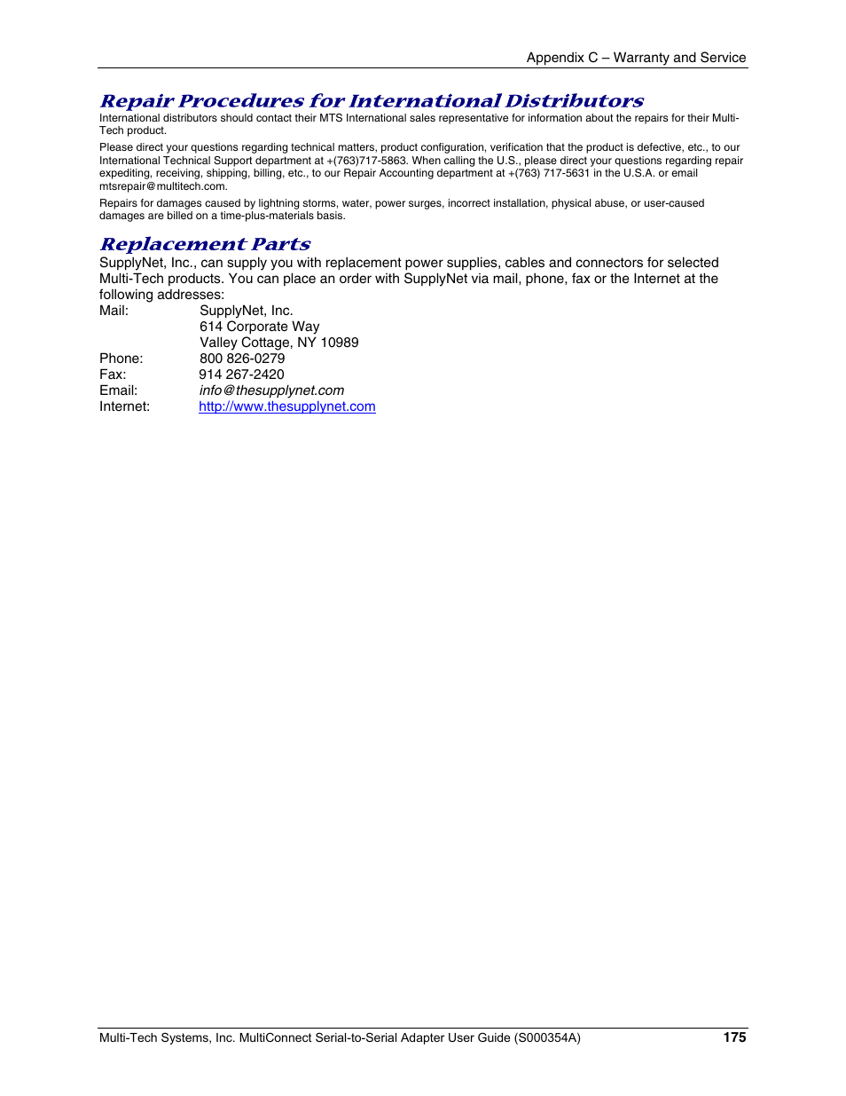 Repair procedures for international distributors, Replacement parts | Multi-Tech Systems MTS2SA-T User Manual | Page 175 / 181