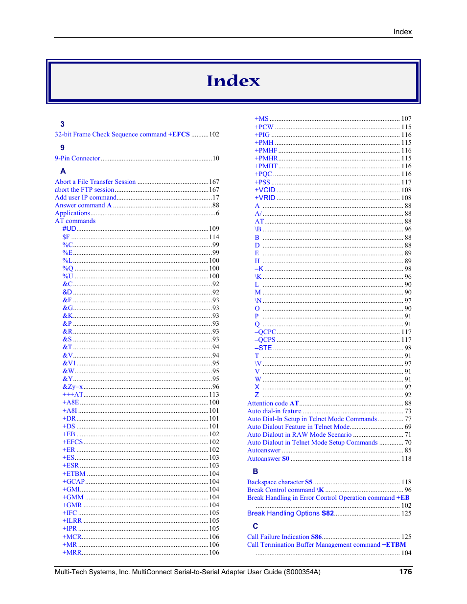 Index | Multi-Tech Systems MTS2SA-T User Manual | Page 176 / 181