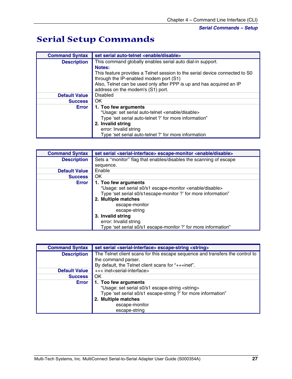 Serial setup commands | Multi-Tech Systems MTS2SA-T User Manual | Page 27 / 181