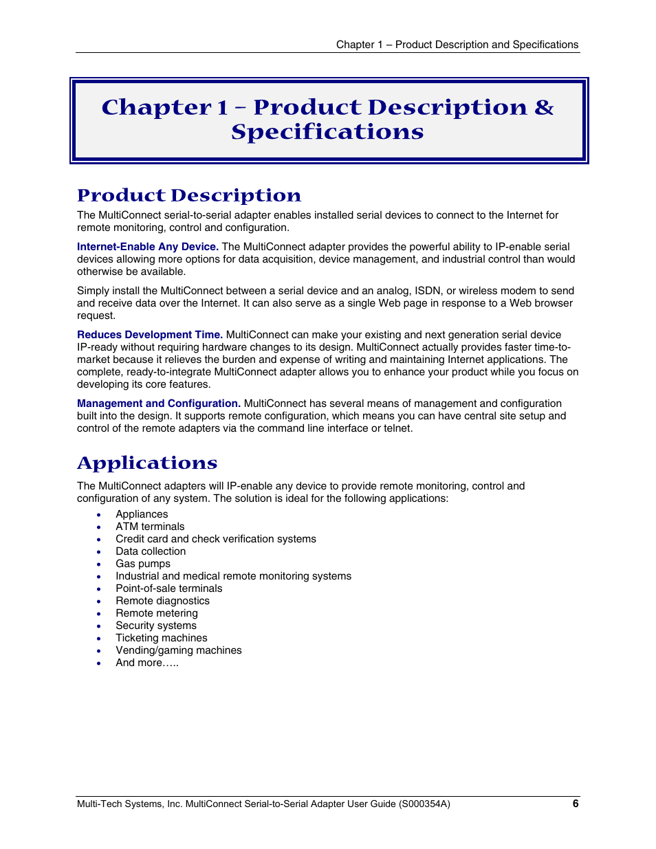 Chapter 1 – product description & specifications, Product description, Applications | Multi-Tech Systems MTS2SA-T User Manual | Page 6 / 181