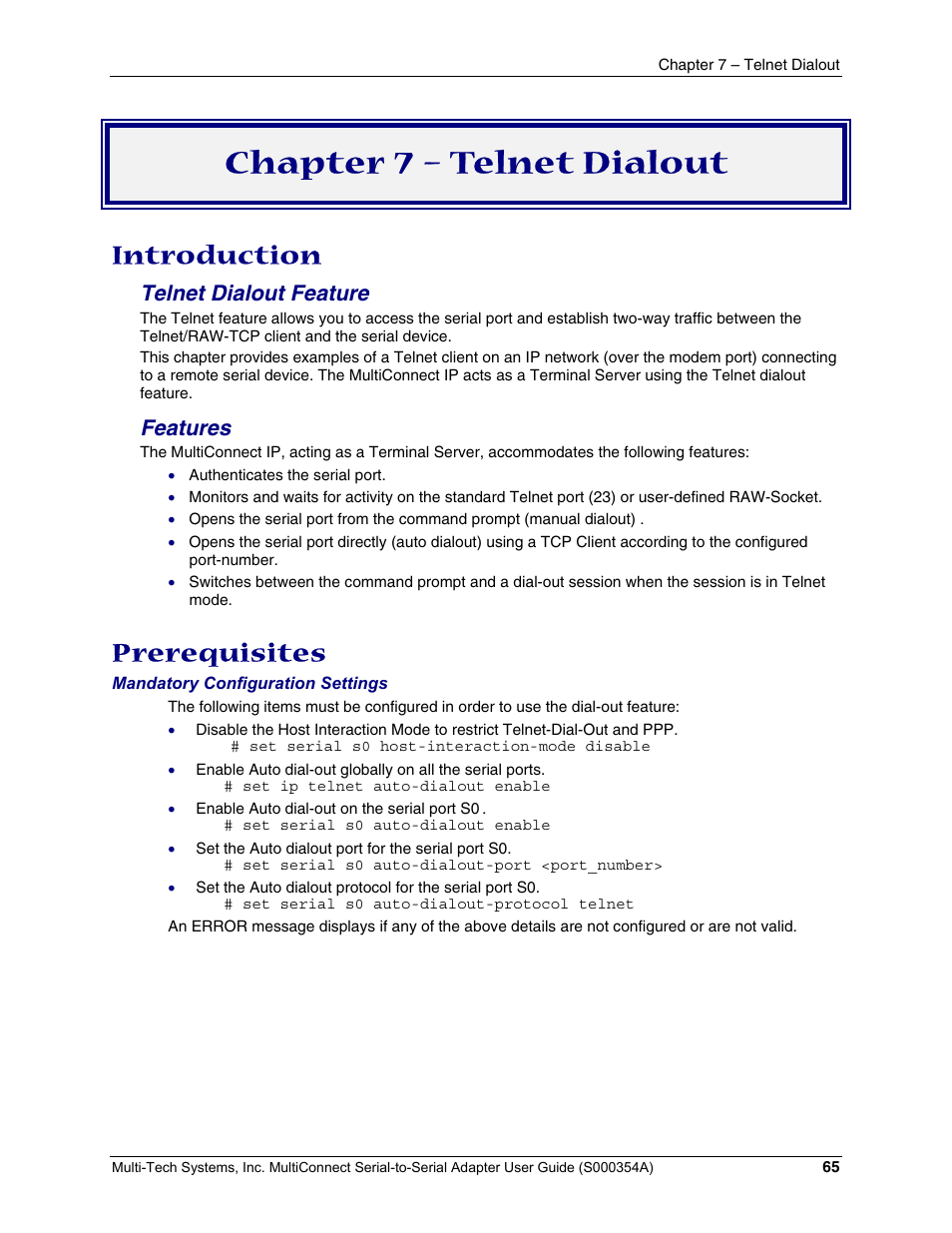 Chapter 7 – telnet dialout, Introduction, Prerequisites | Telnet dialout feature, Features | Multi-Tech Systems MTS2SA-T User Manual | Page 65 / 181
