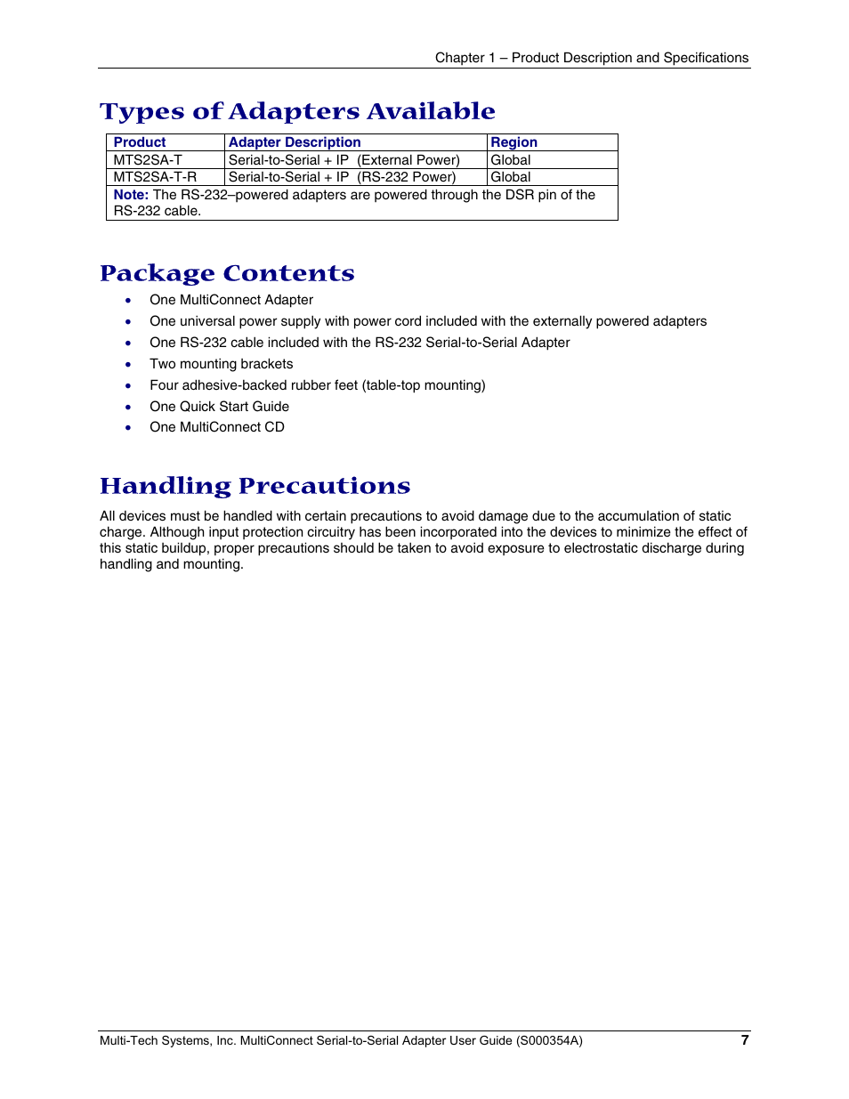 Types of adapters available, Package contents, Handling precautions | Multi-Tech Systems MTS2SA-T User Manual | Page 7 / 181