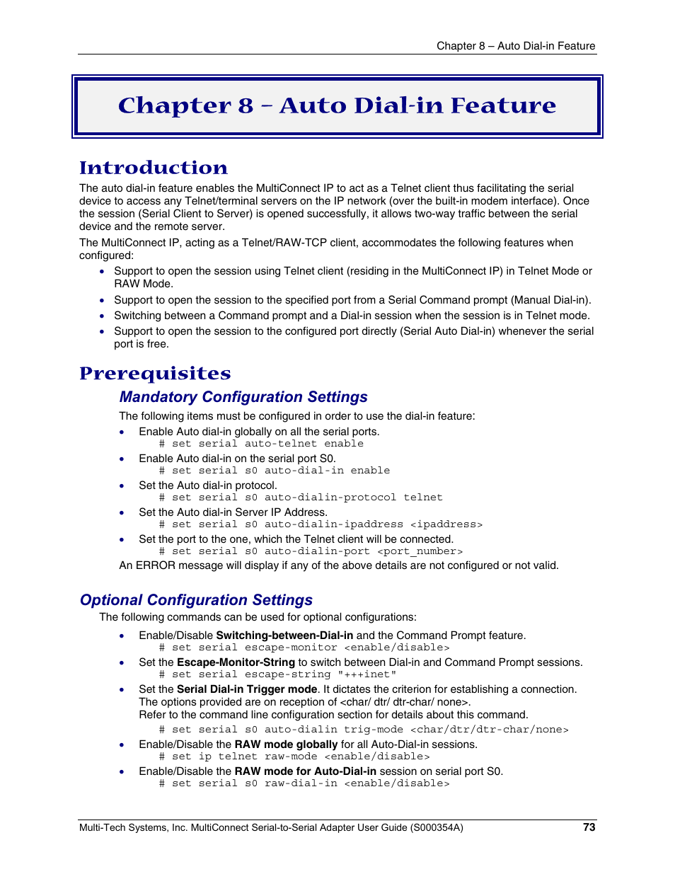 Chapter 8 – auto dial-in feature, Introduction, Prerequisites | Mandatory configuration settings, Optional configuration settings | Multi-Tech Systems MTS2SA-T User Manual | Page 73 / 181