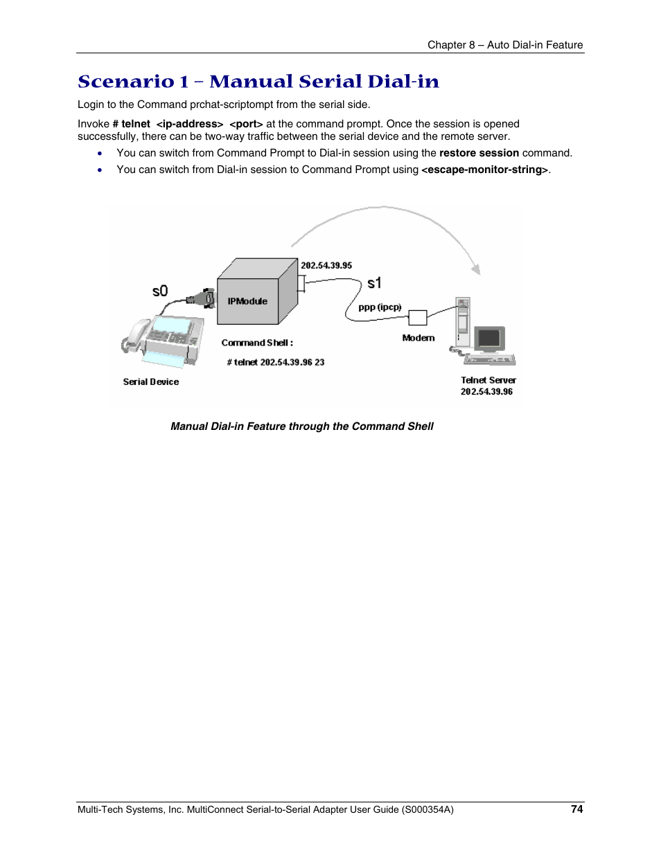 Scenario 1 – manual serial dial-in | Multi-Tech Systems MTS2SA-T User Manual | Page 74 / 181