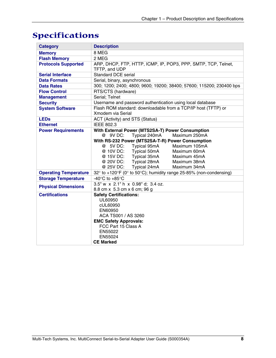 Specifications | Multi-Tech Systems MTS2SA-T User Manual | Page 8 / 181