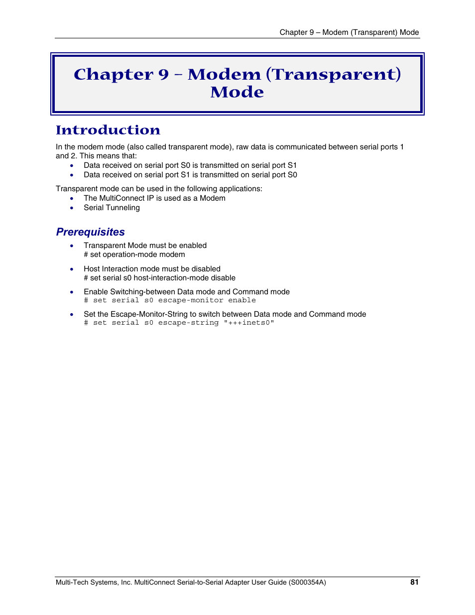 Chapter 9 – modem (transparent) mode, Introduction, Prerequisites | Multi-Tech Systems MTS2SA-T User Manual | Page 81 / 181