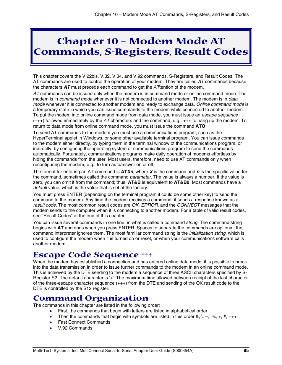 Escape code sequence, Command organization | Multi-Tech Systems MTS2SA-T User Manual | Page 85 / 181