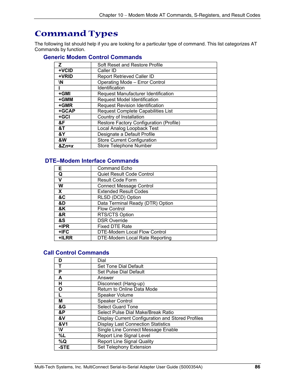 Command types | Multi-Tech Systems MTS2SA-T User Manual | Page 86 / 181