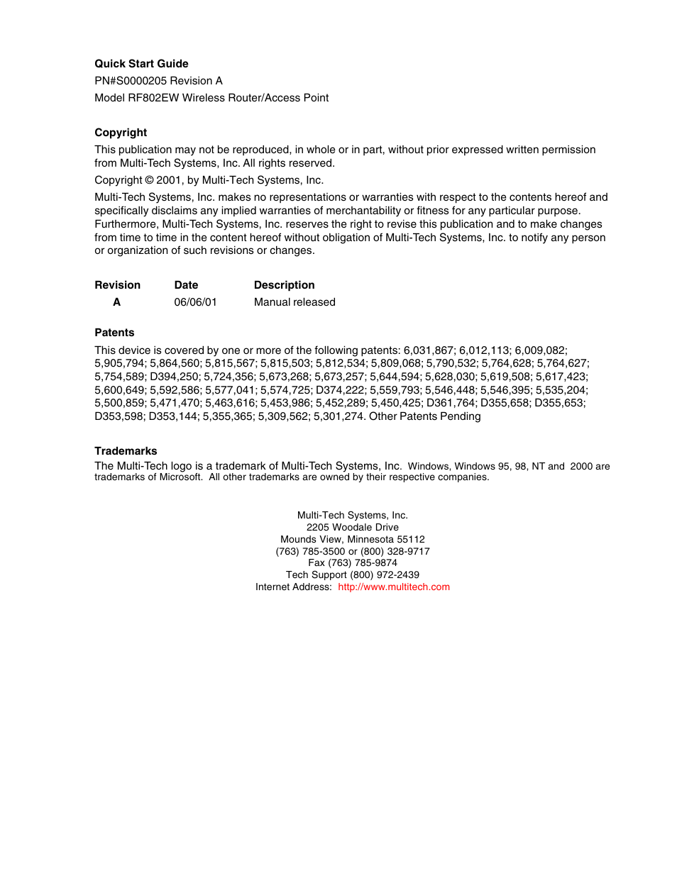 Multi-Tech Systems ACCESS POINT RF802EW User Manual | Page 2 / 28