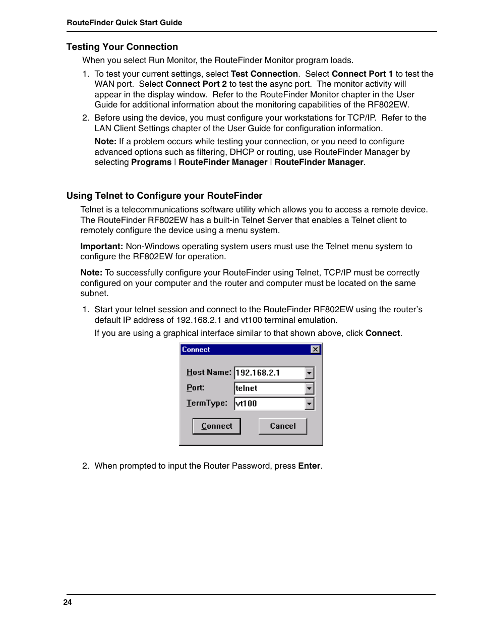 Testing your connection, Using telnet to configure your routefinder | Multi-Tech Systems ACCESS POINT RF802EW User Manual | Page 24 / 28