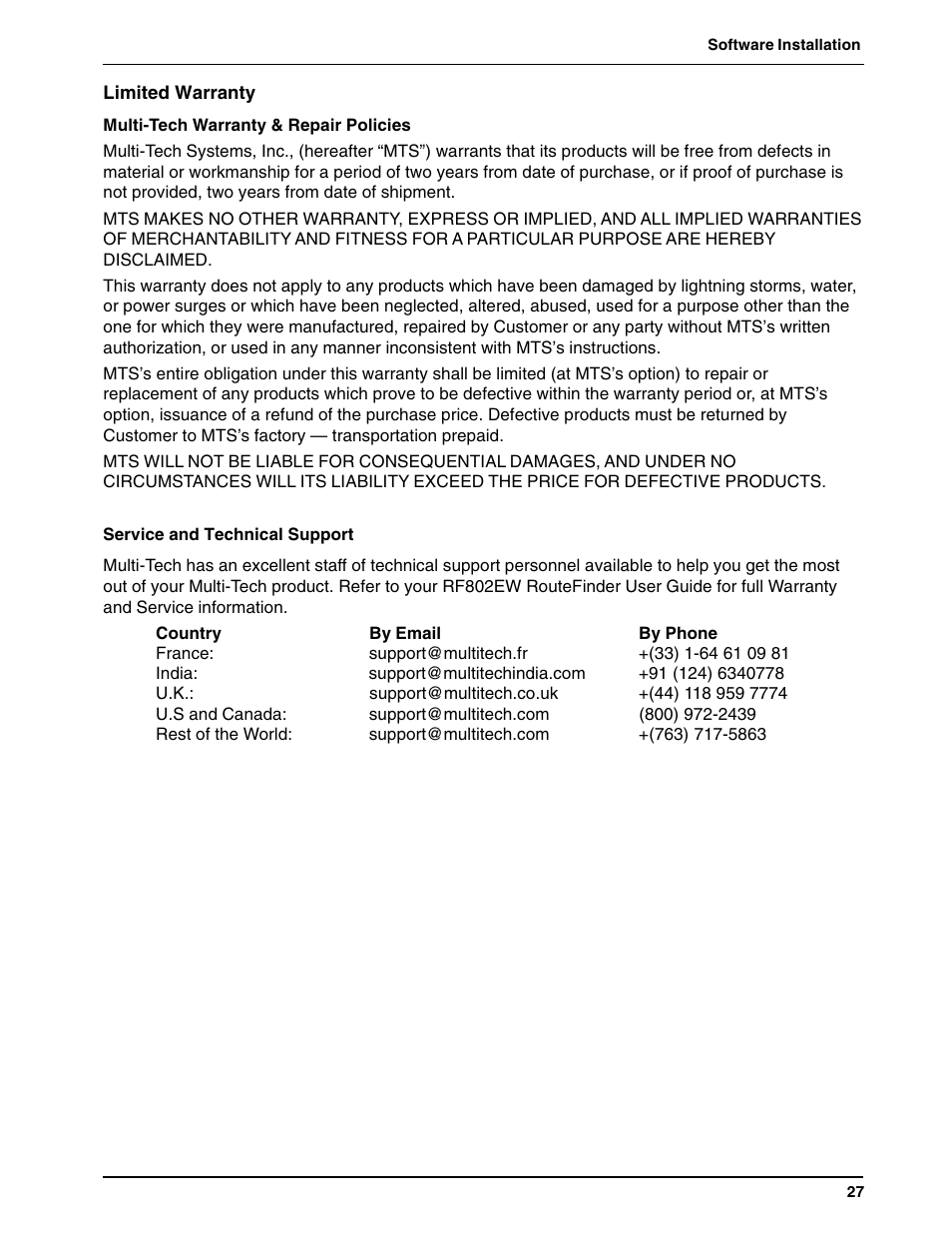 Limited warranty, Service and technical support, Limited warranty service and technical support | Multi-Tech Systems ACCESS POINT RF802EW User Manual | Page 27 / 28
