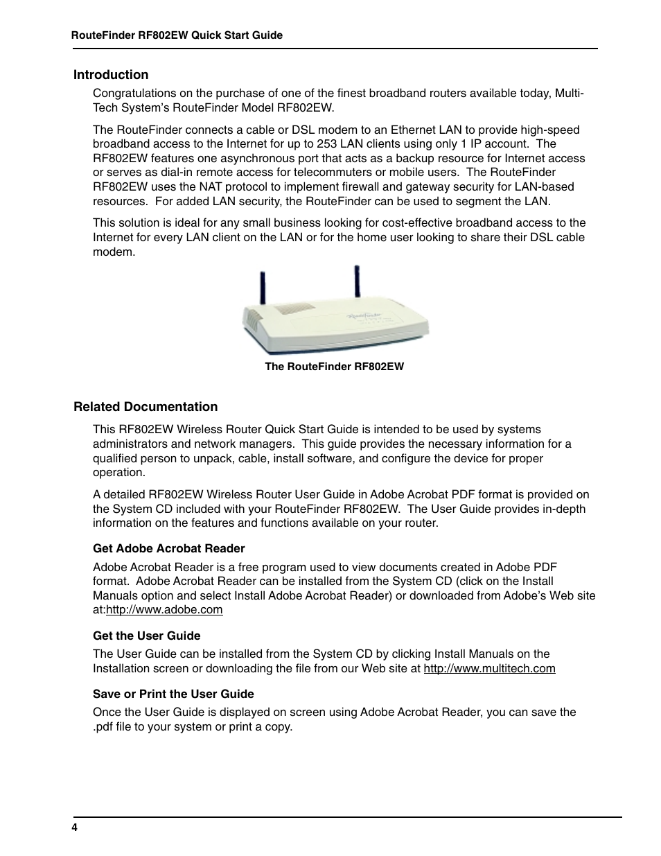 Introduction, Related documentation, Get adobe acrobat reader | Get the user guide, Save or print the user guide, Introduction related documentation | Multi-Tech Systems ACCESS POINT RF802EW User Manual | Page 4 / 28