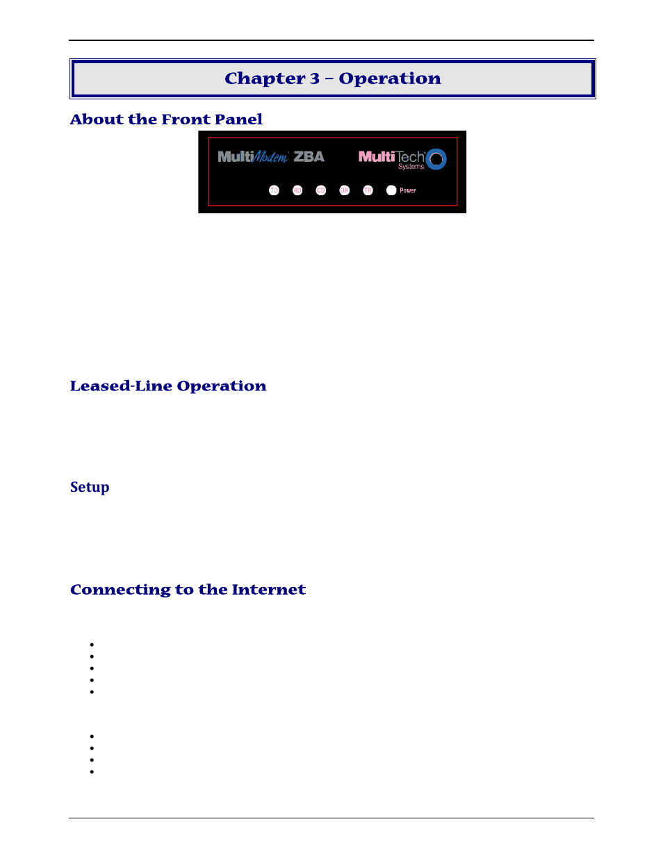 Chapter 3 – operation, About the front panel, Leased-line operation | Setup, Connecting to the internet, Bout the, Ront, Anel, Eased, Peration | Multi-Tech Systems MULTIMODEM ZBA MT9234ZBA-V User Manual | Page 12 / 35