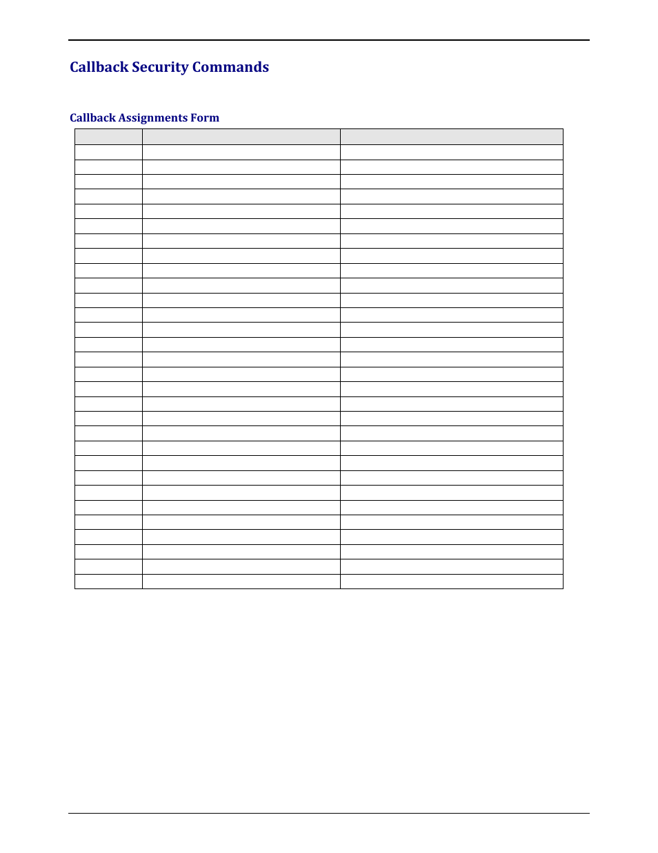 Callback security commands, Callback assignments form | Multi-Tech Systems MULTIMODEM ZBA MT9234ZBA-V User Manual | Page 18 / 35