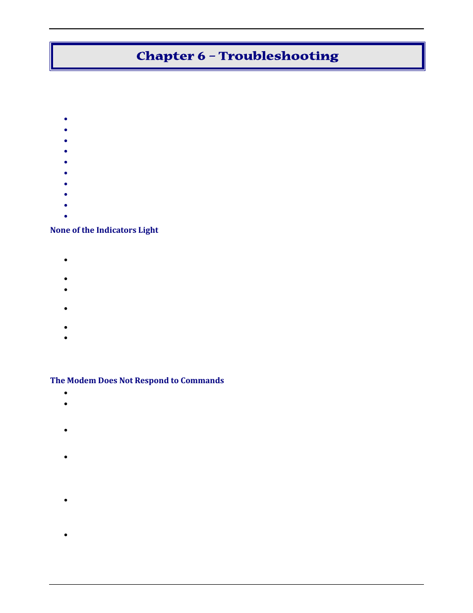 Chapter 6 – troubleshooting, None of the indicators light, The modem does not respond to commands | Multi-Tech Systems MULTIMODEM ZBA MT9234ZBA-V User Manual | Page 19 / 35