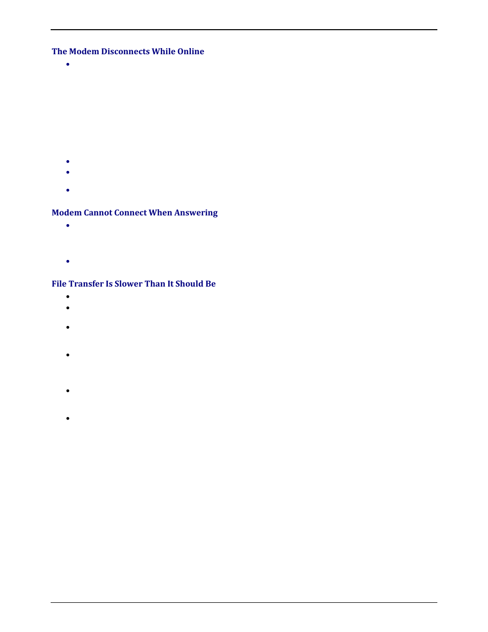 The modem disconnects while online, Modem cannot connect when answering, File transfer is slower than it should be | Multi-Tech Systems MULTIMODEM ZBA MT9234ZBA-V User Manual | Page 21 / 35