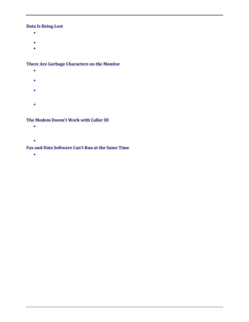 Data is being lost, There are garbage characters on the monitor, The modem doesn’t work with caller id | Fax and data software can’t run at the same time | Multi-Tech Systems MULTIMODEM ZBA MT9234ZBA-V User Manual | Page 22 / 35