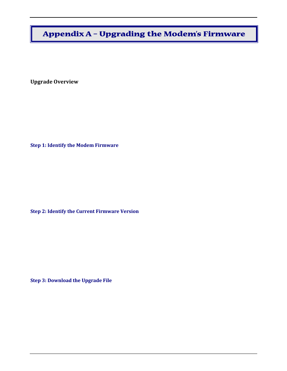 Appendix a – upgrading the modem’s firmware, Upgrade overview, Step 1: identify the modem firmware | Step 2: identify the current firmware version, Step 3: download the upgrade file | Multi-Tech Systems MULTIMODEM ZBA MT9234ZBA-V User Manual | Page 23 / 35