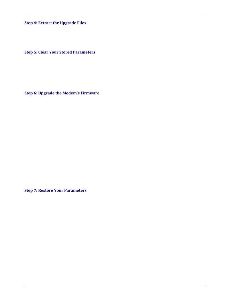 Step 4: extract the upgrade files, Step 5: clear your stored parameters, Step 6: upgrade the modem’s firmware | Step 7: restore your parameters | Multi-Tech Systems MULTIMODEM ZBA MT9234ZBA-V User Manual | Page 24 / 35