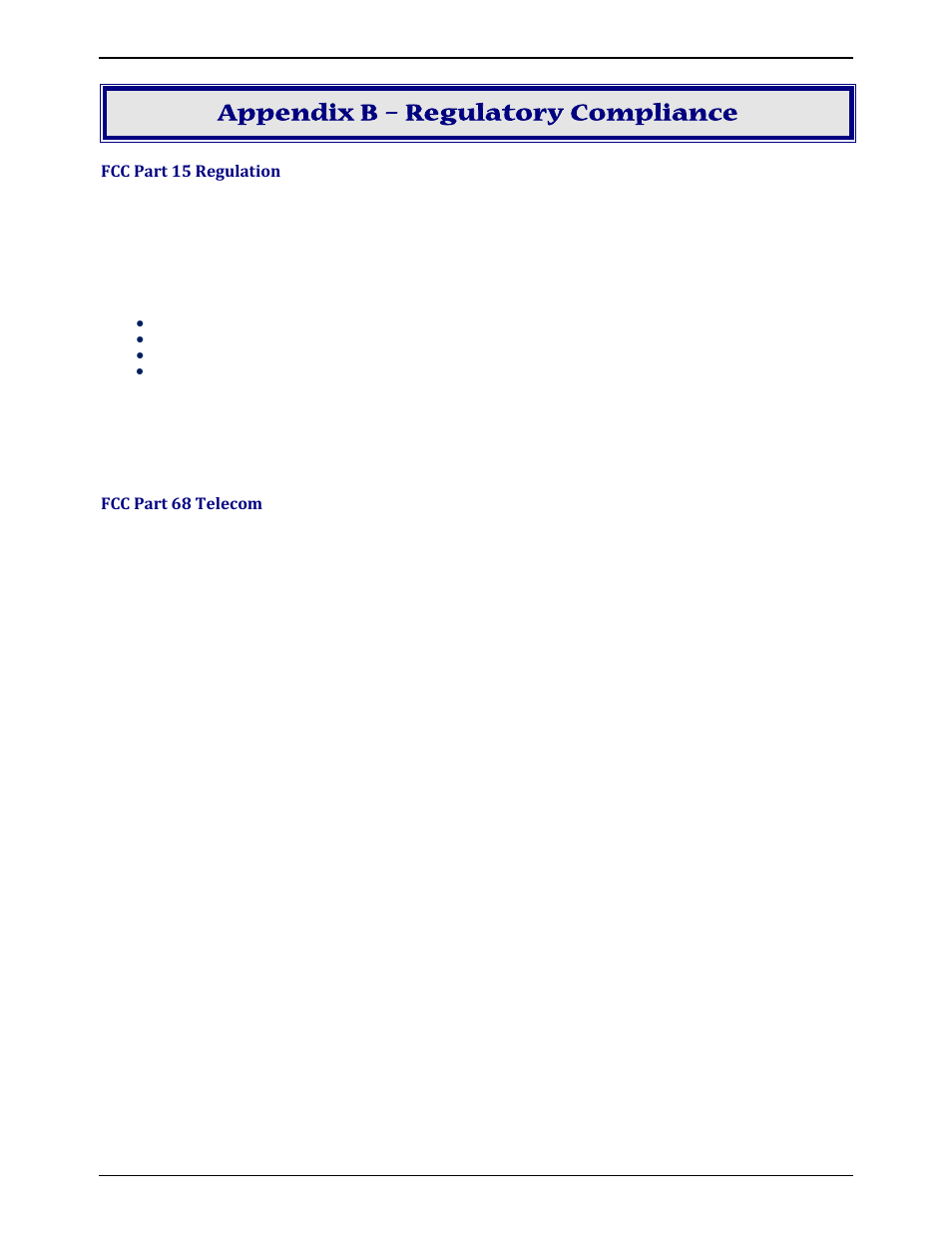 Appendix b – regulatory compliance, Fcc part 15 regulation, Fcc part 68 telecom | Multi-Tech Systems MULTIMODEM ZBA MT9234ZBA-V User Manual | Page 25 / 35