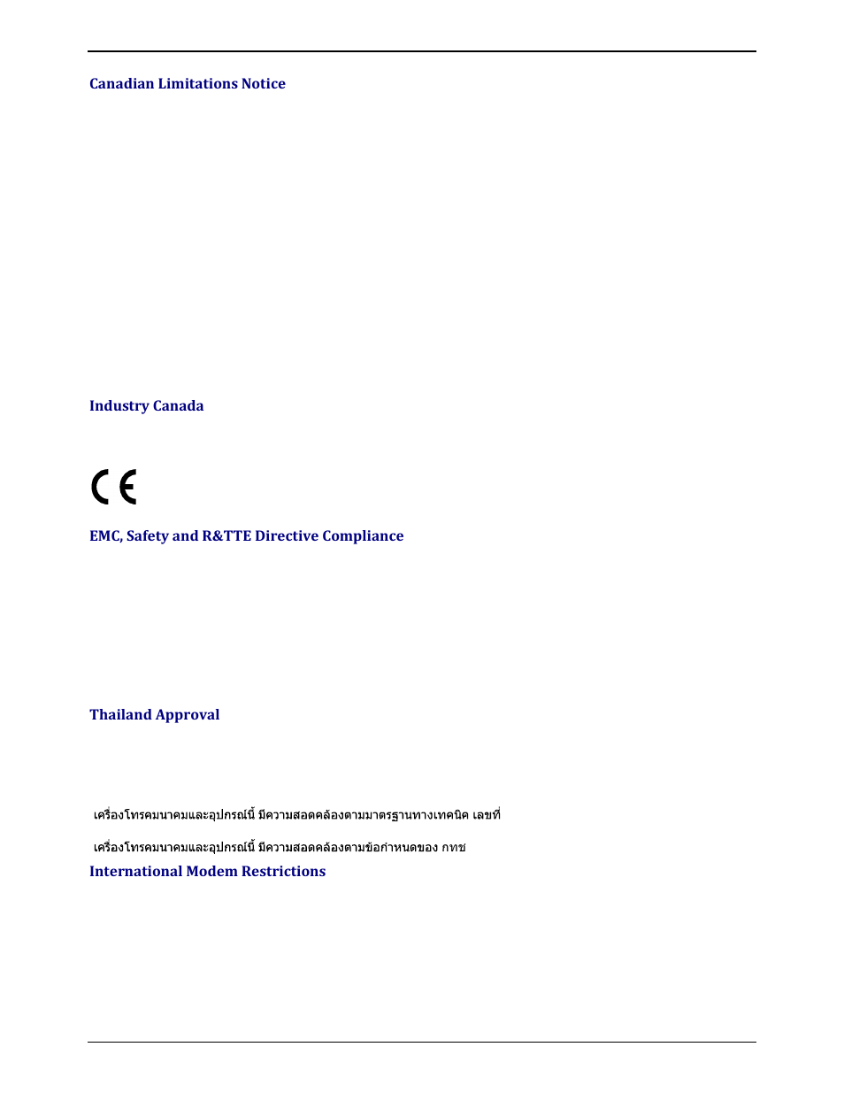 Canadian limitations notice, Industry canada, Emc, safety and r&tte directive compliance | Thailand approval, International modem restrictions | Multi-Tech Systems MULTIMODEM ZBA MT9234ZBA-V User Manual | Page 26 / 35