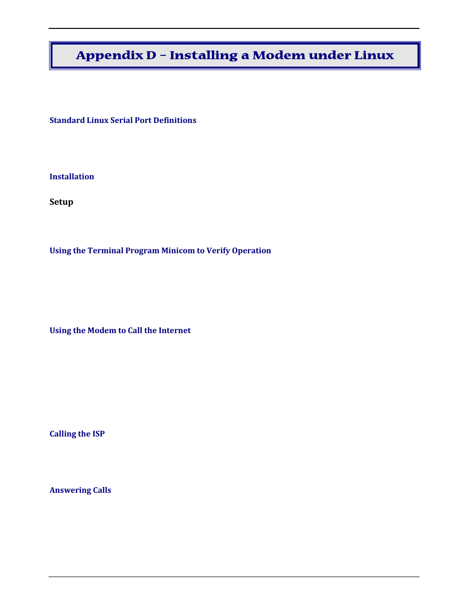 Appendix d – installing a modem under linux, Standard linux serial port definitions, Installation | Setup, Using the modem to call the internet, Calling the isp, Answering calls | Multi-Tech Systems MULTIMODEM ZBA MT9234ZBA-V User Manual | Page 32 / 35