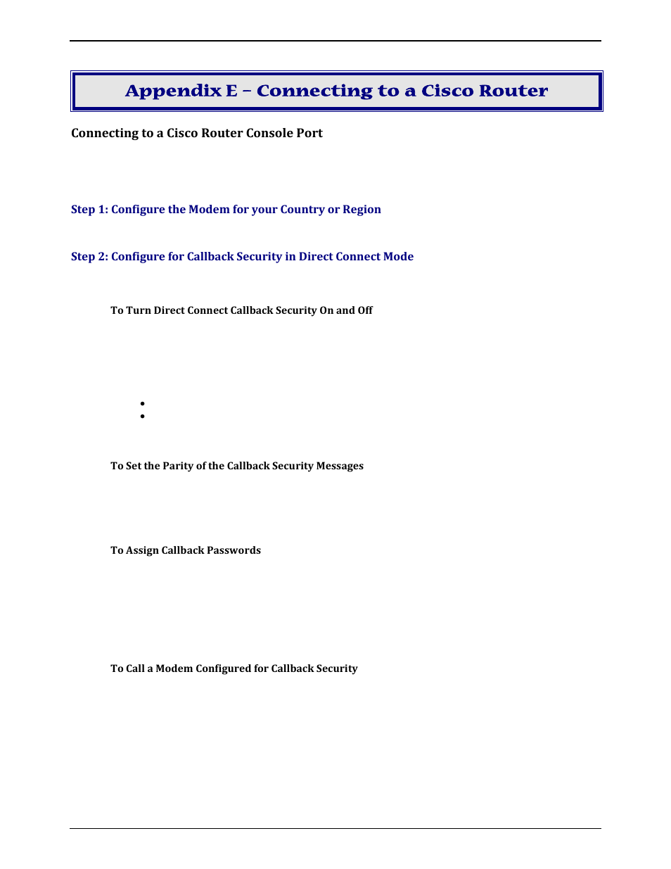 Appendix e – connecting to a cisco router, Connecting to a cisco router console port, To assign callback passwords | To call a modem configured for callback security | Multi-Tech Systems MULTIMODEM ZBA MT9234ZBA-V User Manual | Page 33 / 35