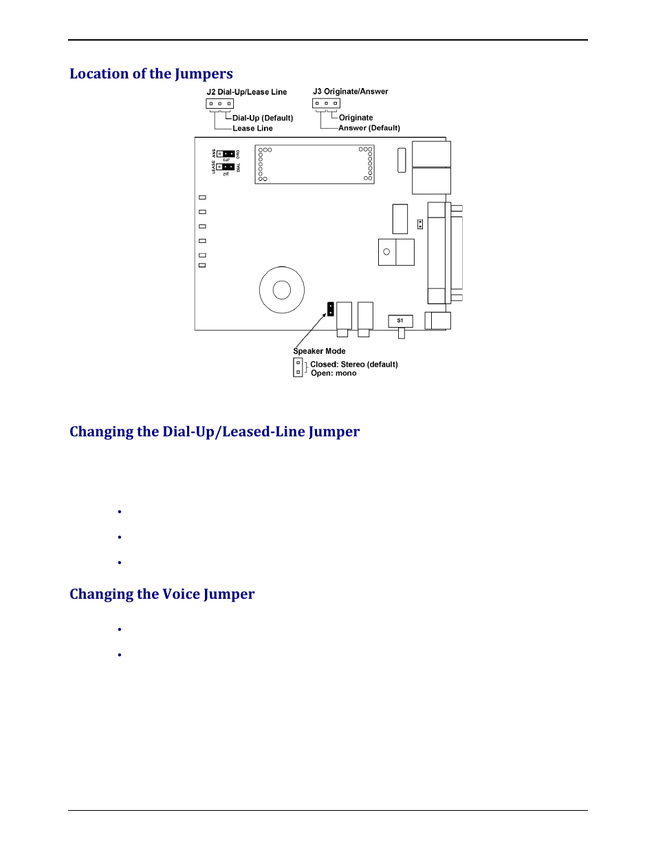 Location of the jumpers, Changing the dial-up/leased-line jumper, Changing the voice jumper | Multi-Tech Systems MULTIMODEM ZBA MT9234ZBA-V User Manual | Page 7 / 35