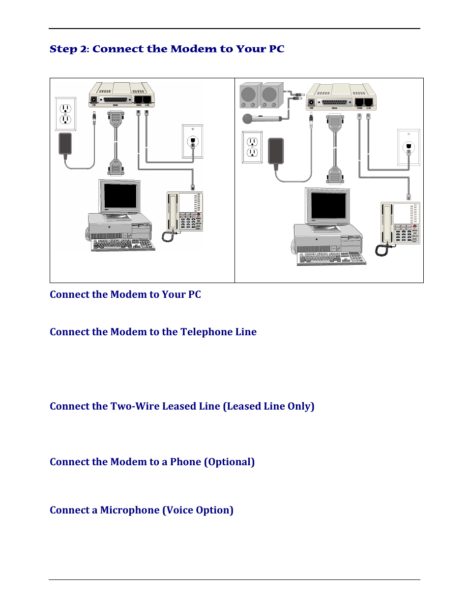 Step 2: connect the modem to your pc, Connect the modem to your pc, Connect the modem to the telephone line | Connect the modem to a phone (optional), Connect a microphone (voice option), Onnect the, Odem to | Multi-Tech Systems MULTIMODEM ZBA MT9234ZBA-V User Manual | Page 8 / 35